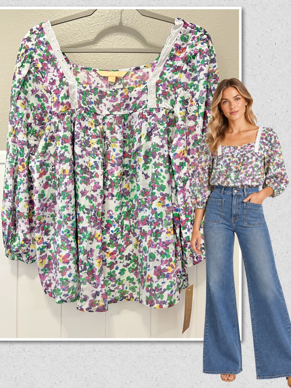 Brand New Hope & Harlow Bodacious Jolly Green Floral Boho Eyelet Babydoll Blouse